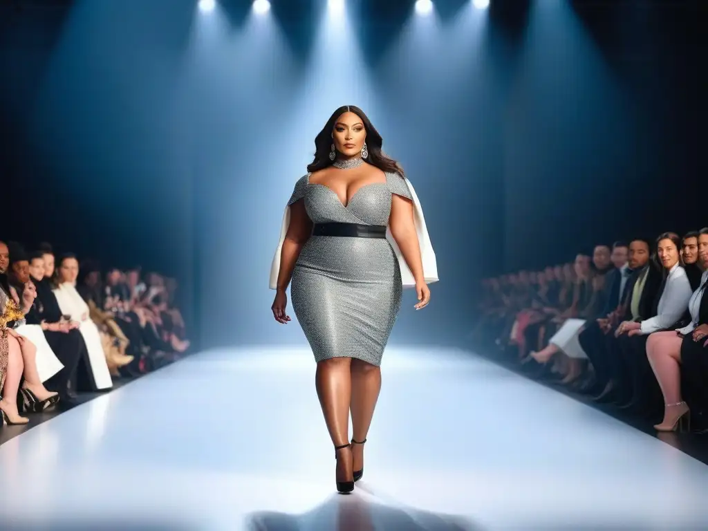 Desfile de moda: Modelo de tallas grandes empoderada en la pasarela Una modelo de tallas grandes desfila con confianza en una pasarela, luciendo las últimas tendencias de moda inclusiva