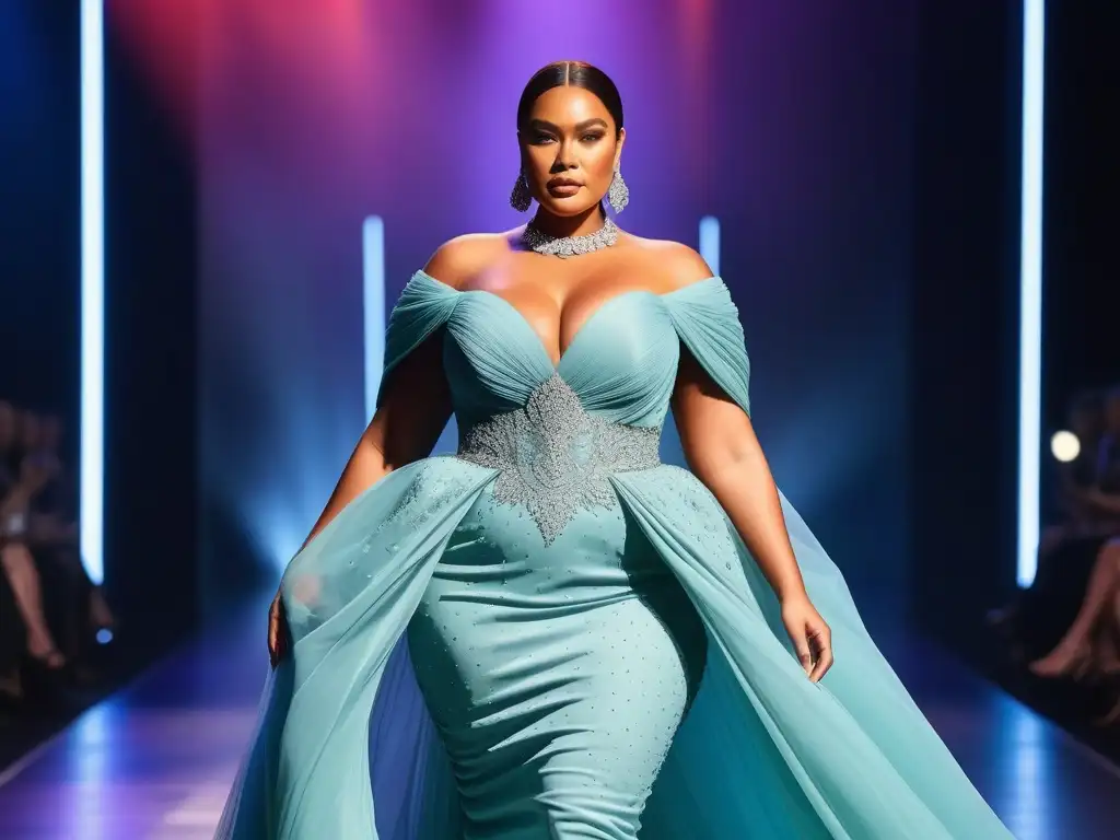 Una modelo de tallas grandes desfilando con elegancia en una pasarela de moda de lujo, representando inclusividad y elegancia