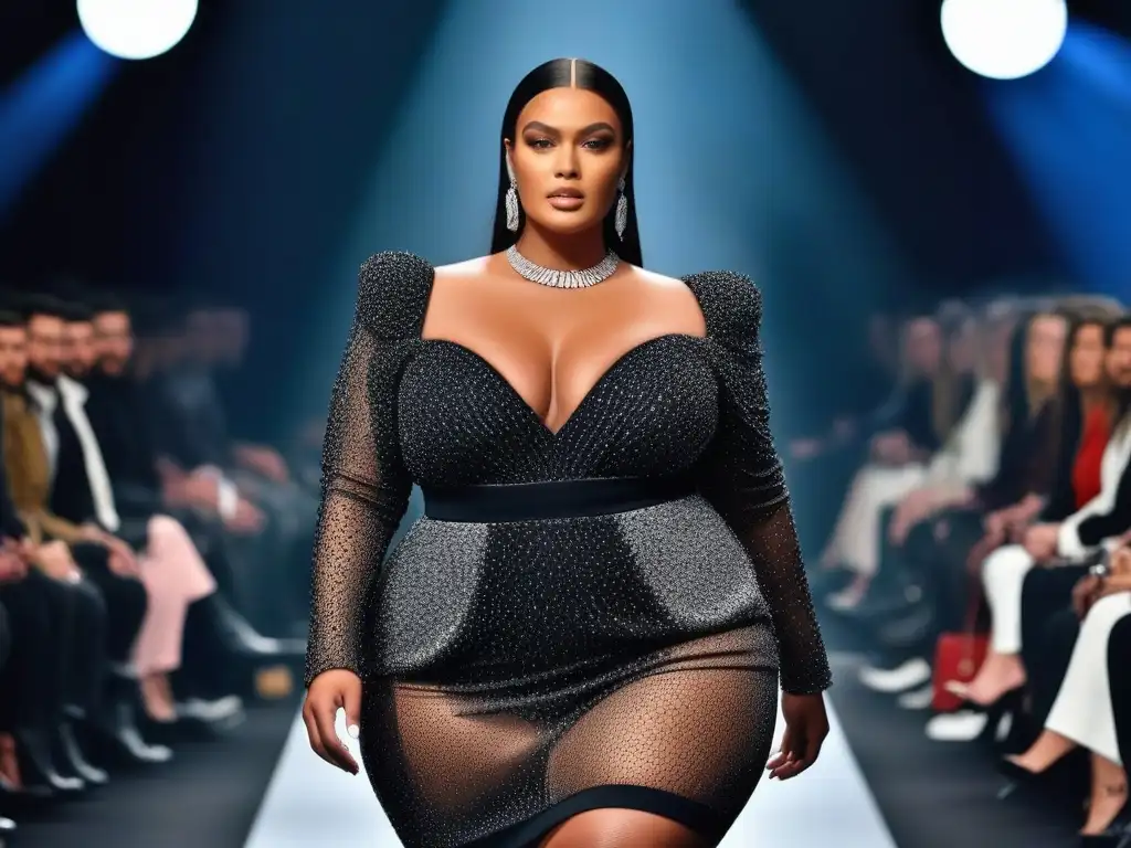 Desfile de moda: modelo plus size deslumbrante en pasarela de lujo Una modelo de tallas grandes desfilando con elegancia en la pasarela con moda de lujo para tallas altas exclusivas