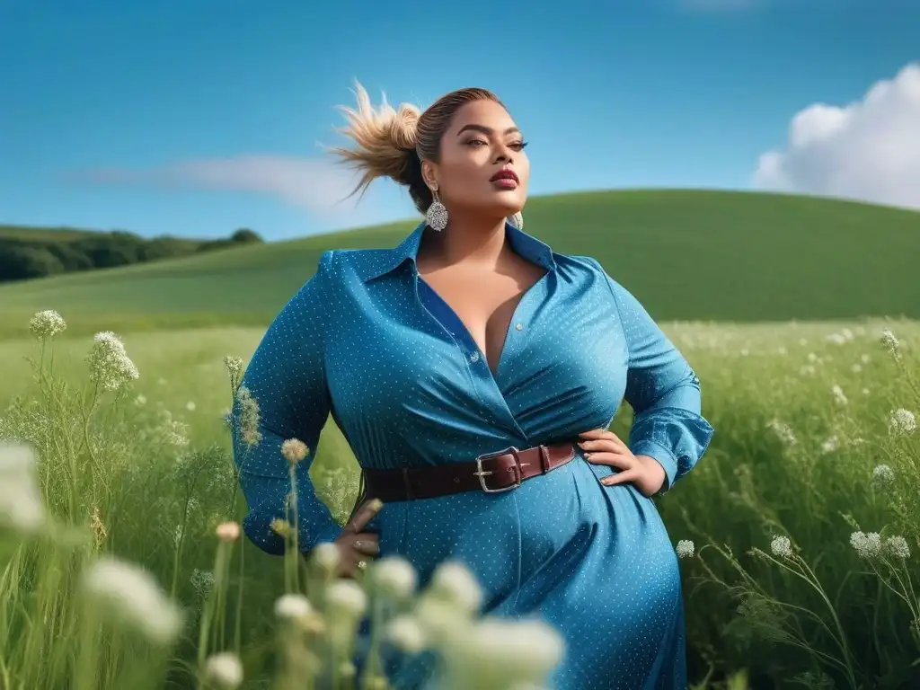 Modelo plus size empoderada en outfit sostenible en campo verde Una modelo de tallas grandes segura y empoderada en un campo verde, vistiendo moda sostenible