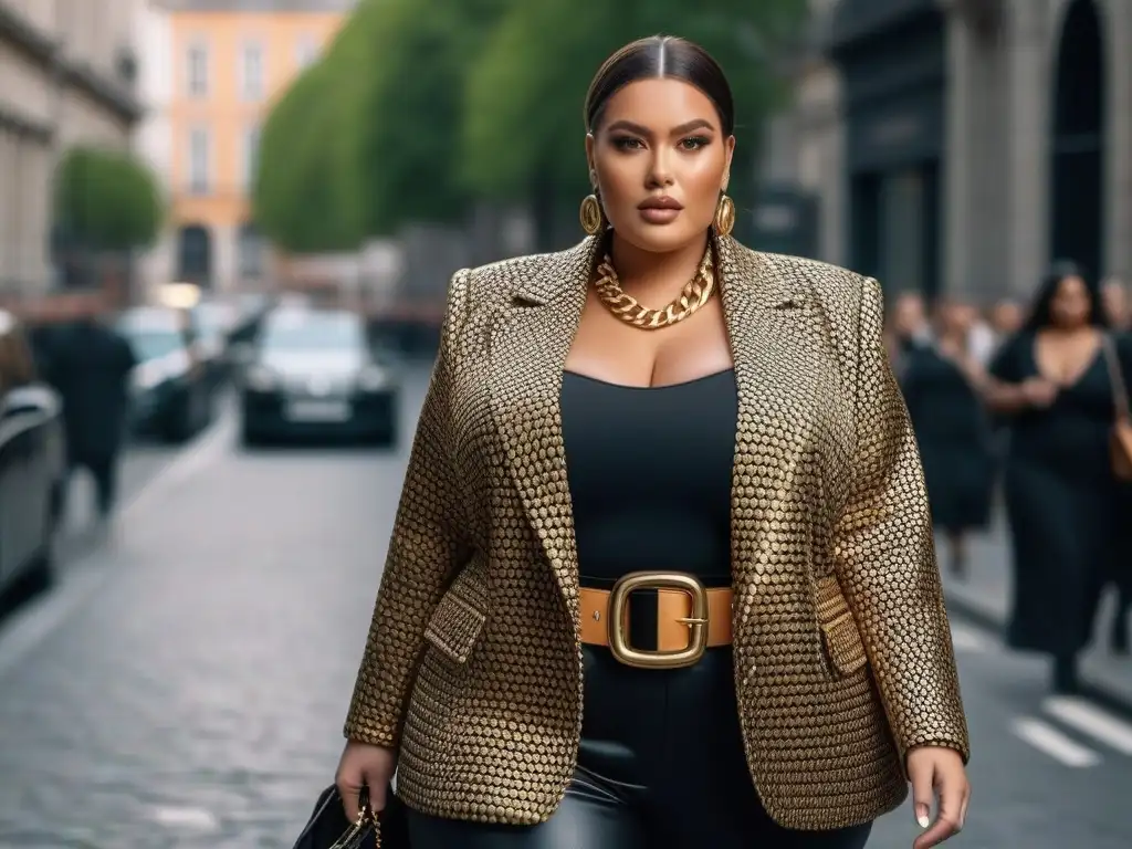 Modelo de talla grande: Elegancia urbana y empoderamiento Una modelo de tallas grandes segura camina por la ciudad con accesorios de moda para tallas plus