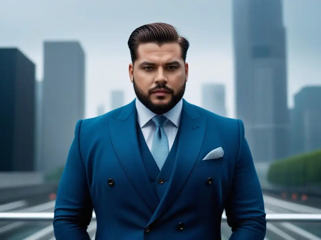 Modelo plus size: estilo y confianza en traje a medida Un modelo plus size seguramente viste un traje bien hecho y muestra confianza en una ciudad elegante