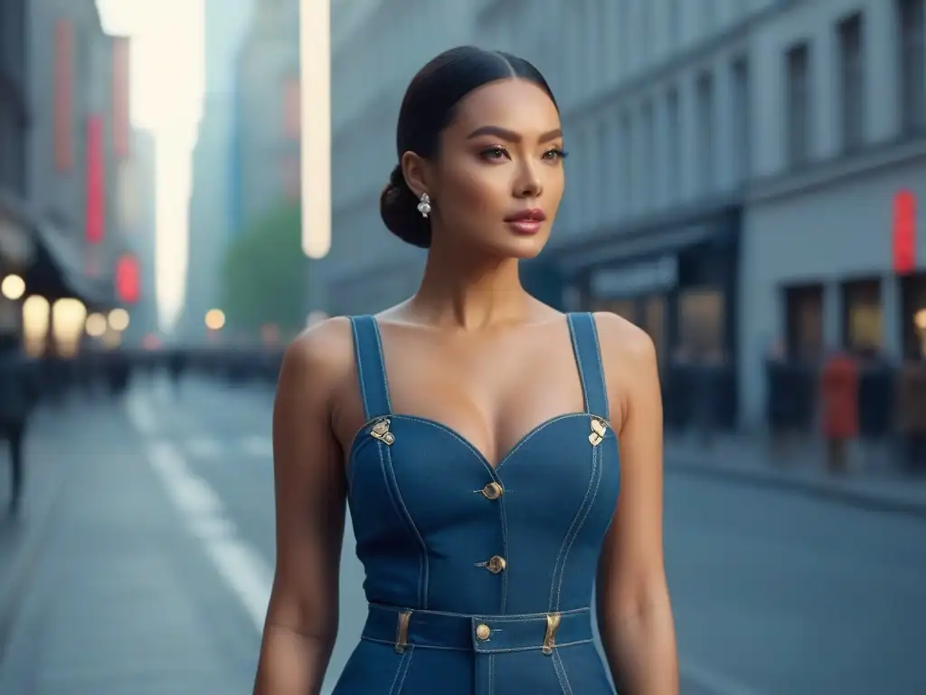 Modelo de moda deslumbrante en la ciudad 2023, estilo y confianza Una modelo petite muestra las últimas tendencias moda 2023 al caminar con confianza en la ciudad