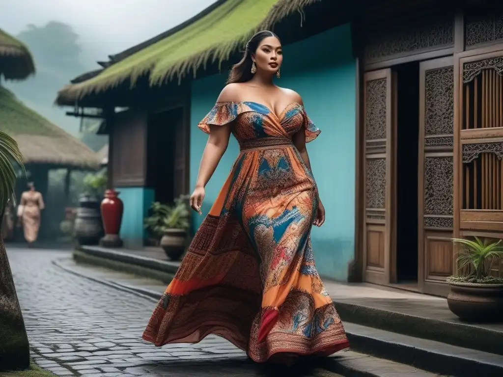 Modelo plussize empoderada en Bali Una modelo plus size luce un vestido colorido, caminando segura por una calle de Bali