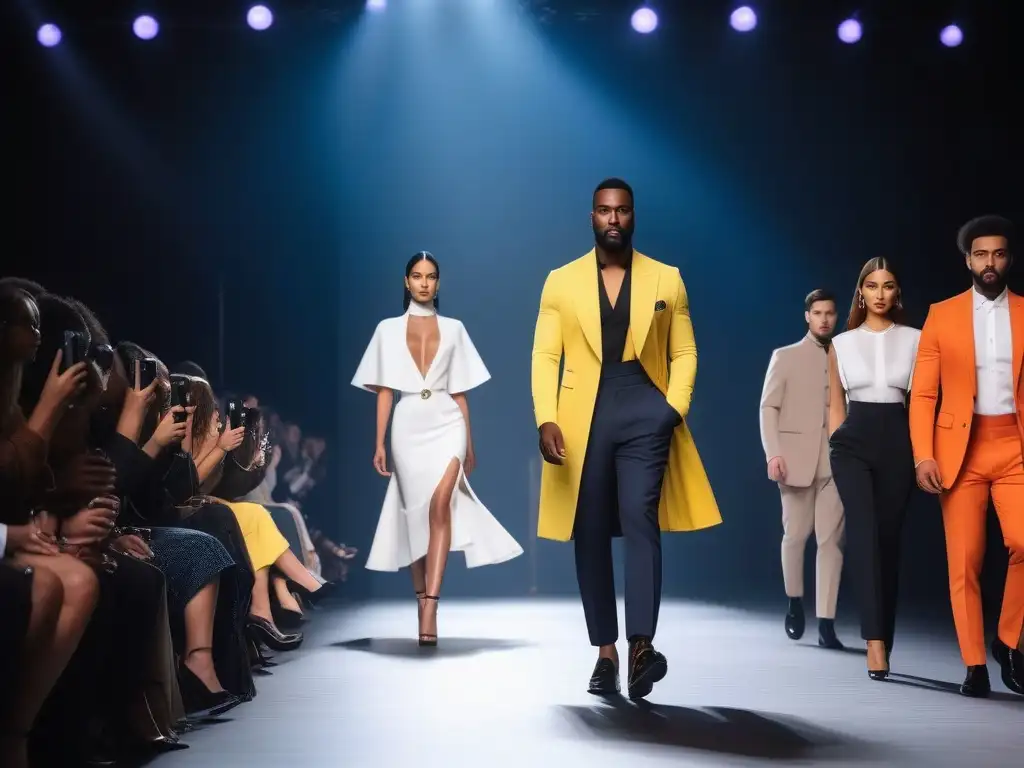 Desfile de moda inclusivo: modelos altos y seguros redefiniendo estándares Modelos tall redefiniendo estándares belleza desfilan con confianza en pasarela, mostrando moda inclusiva y elegante
