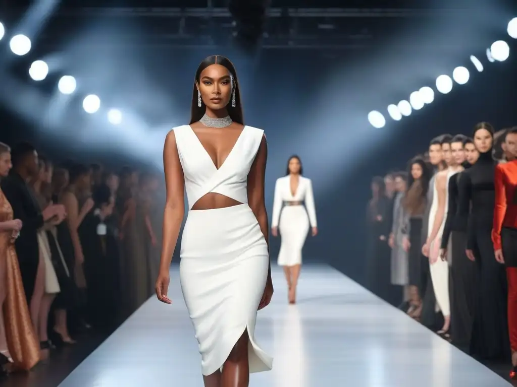 Pasarela de moda diversa y empoderada Modelos de moda diversidad cuerpos desfilando con confianza y empoderamiento en una pasarela elegante y moderna, iluminados dramáticamente