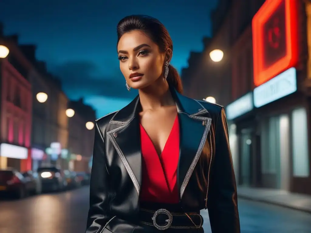Modelo empoderada en la ciudad nocturna: elegancia y estilo Fotografía para modelos petite: Una modelo elegante irradiando confianza en la ciudad nocturna