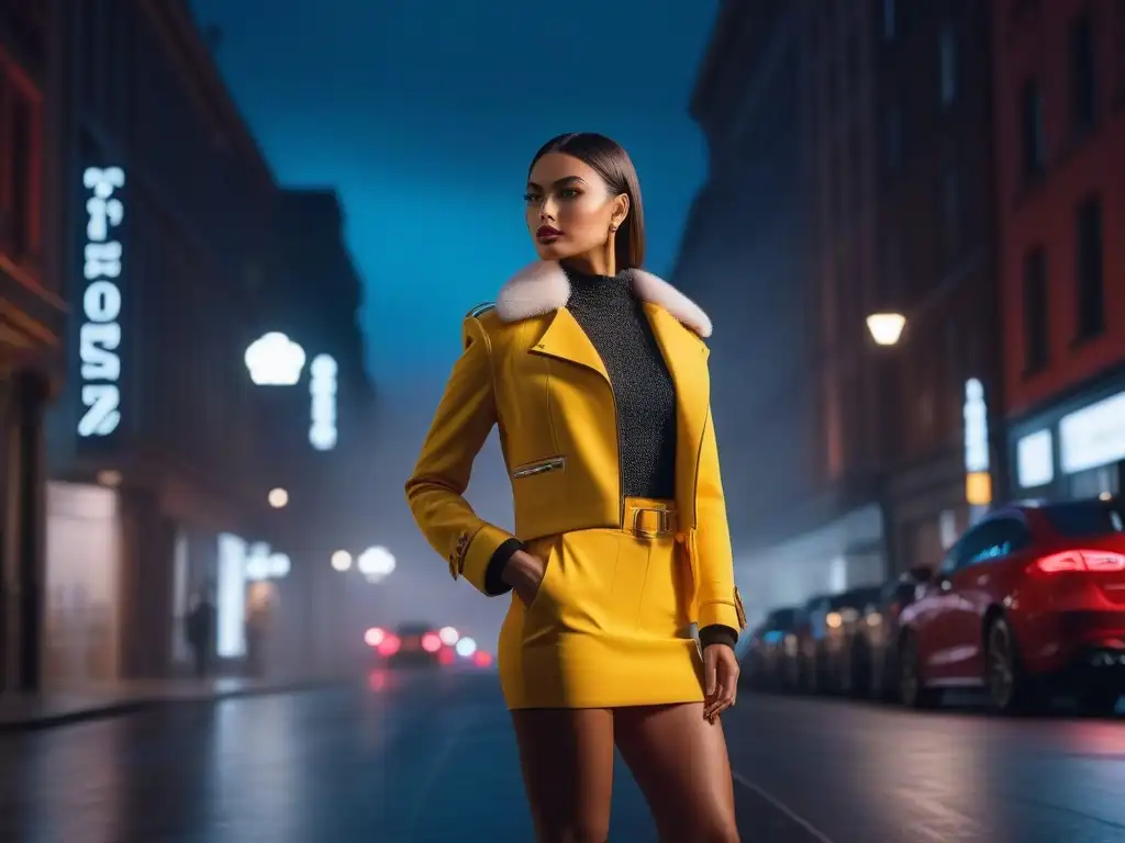 Modelo urbana confiada y elegante en la noche de la ciudad Fotografía para modelos petite: Modelo segura en la ciudad de noche, resaltando su estilo y confianza