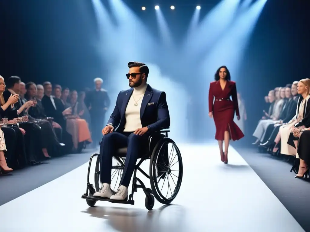 Desfile de moda inclusivo con modelos en silla de ruedas Modelos en silla de ruedas desfilan con estilo y elegancia en una pasarela inclusiva, irradiando empoderamiento y diversidad