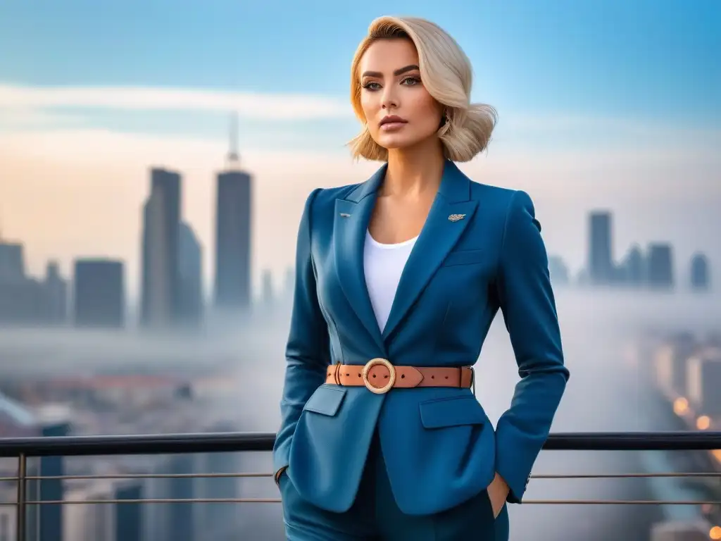 Mujer confiada y elegante en traje urbano Moderna mujer petite con estilo, blazer y pantalones altos, empoderada, urbana