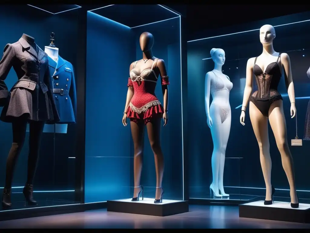 Exhibición detallada de lencería: evolución histórica en museo moderno Exhibición moderna en museo de moda íntima: evolución de la lencería a lo largo de la historia