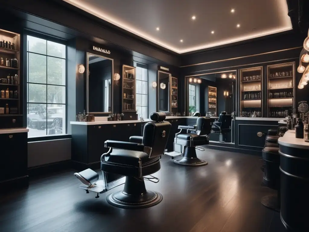 Barbería moderna y sofisticada: ambiente inclusivo y profesional Una barbería moderna con productos de belleza de alta gama para hombres, clientes diversos disfrutando de servicios de grooming