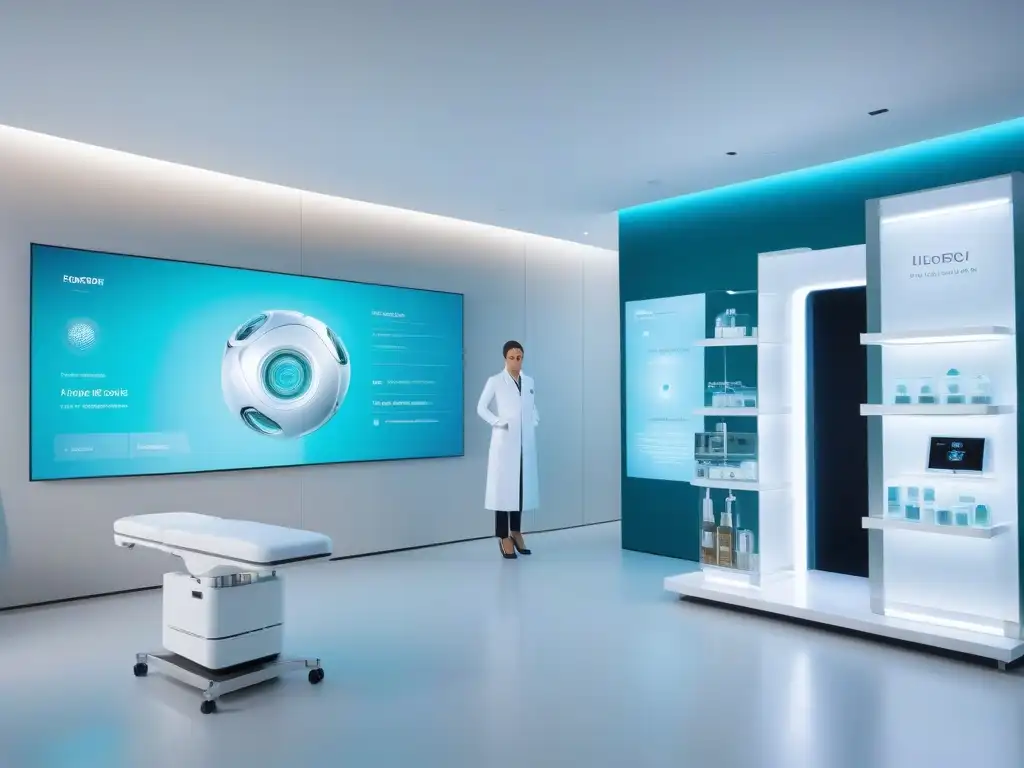 Clínica de belleza futurista: innovación y sofisticación en estética Un moderno centro de belleza con tecnología innovadora y profesionales sonrientes discutiendo tratamientos estéticos