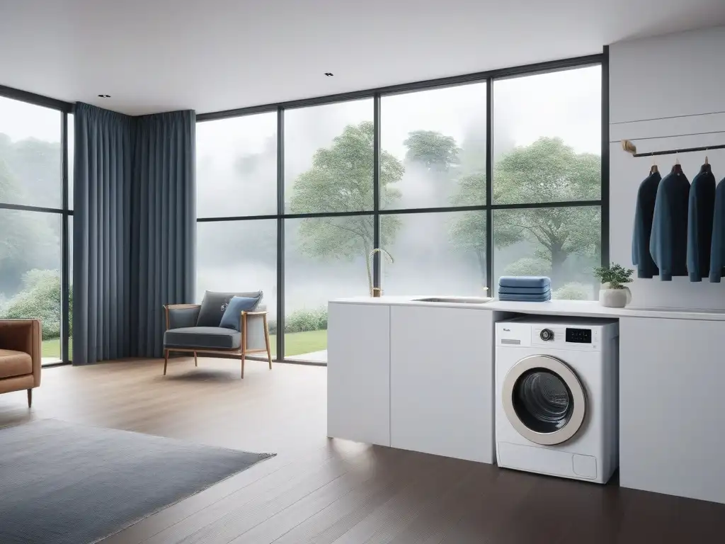 Espacio de lavandería moderno para cuidar prendas de adultos mayores Un moderno cuarto de lavado con productos organizados para el cuidado de prendas de ropa senior, inundado de luz natural