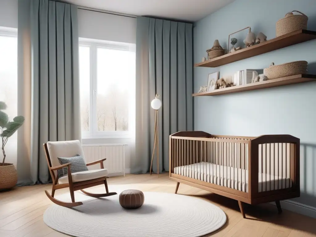 Moderna y serena guardería con estilo escandinavo y colores suaves Un moderno y elegante vivero con ropa de bebé organizada en estantes abiertos, muebles escandinavos y colores pastel suaves