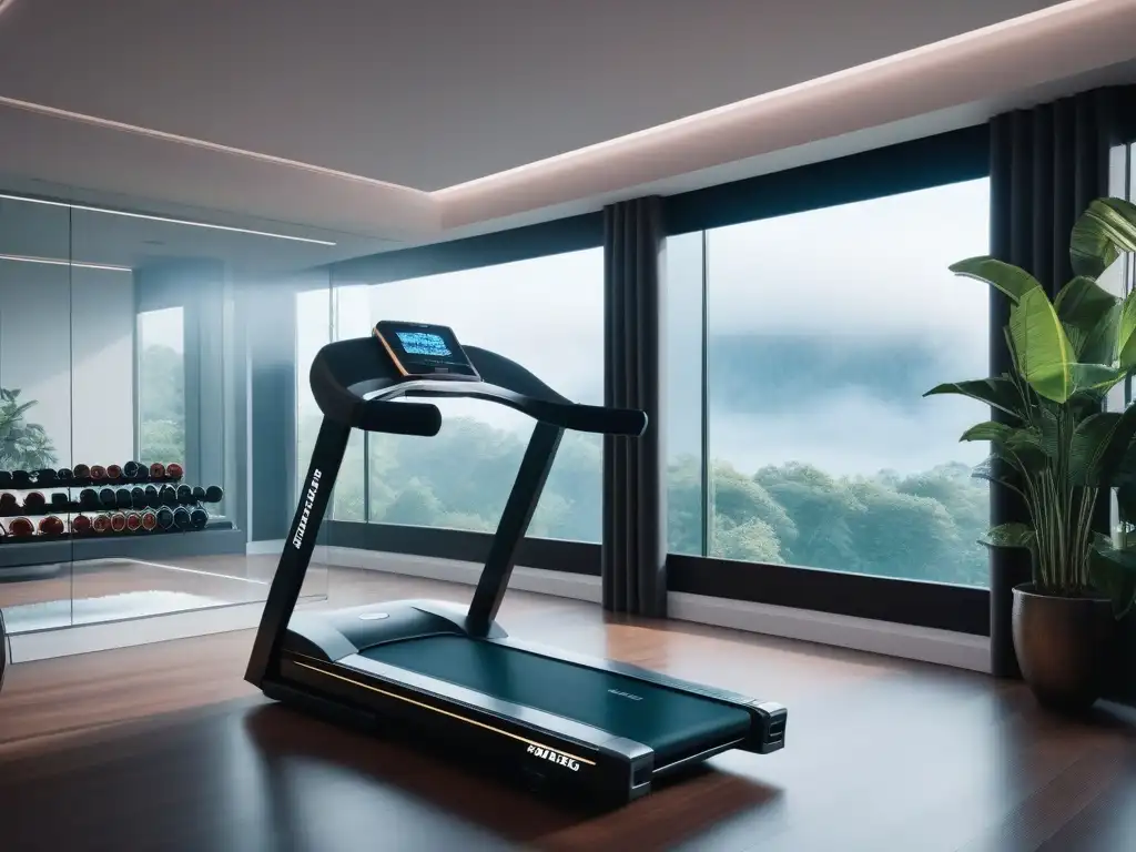 Gimnasio del futuro: Treadmill inteligente, pesas digitales y VR Moderno gimnasio en casa con innovaciones en equipamiento fitness lujo