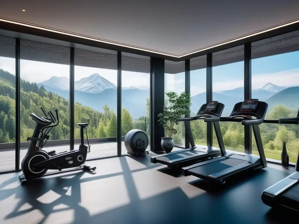 Gimnasio de lujo con vista a la montaña Un moderno gimnasio de lujo con vistas a la montaña y equipamiento fitness de alta gama