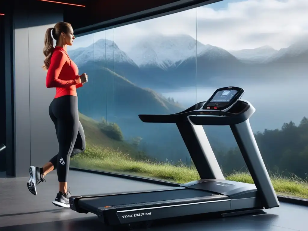 Treadmill de lujo con tecnología avanzada y vista a la montaña Un moderno y lujoso equipo fitness cardio 2023 en un gimnasio con frases motivadoras