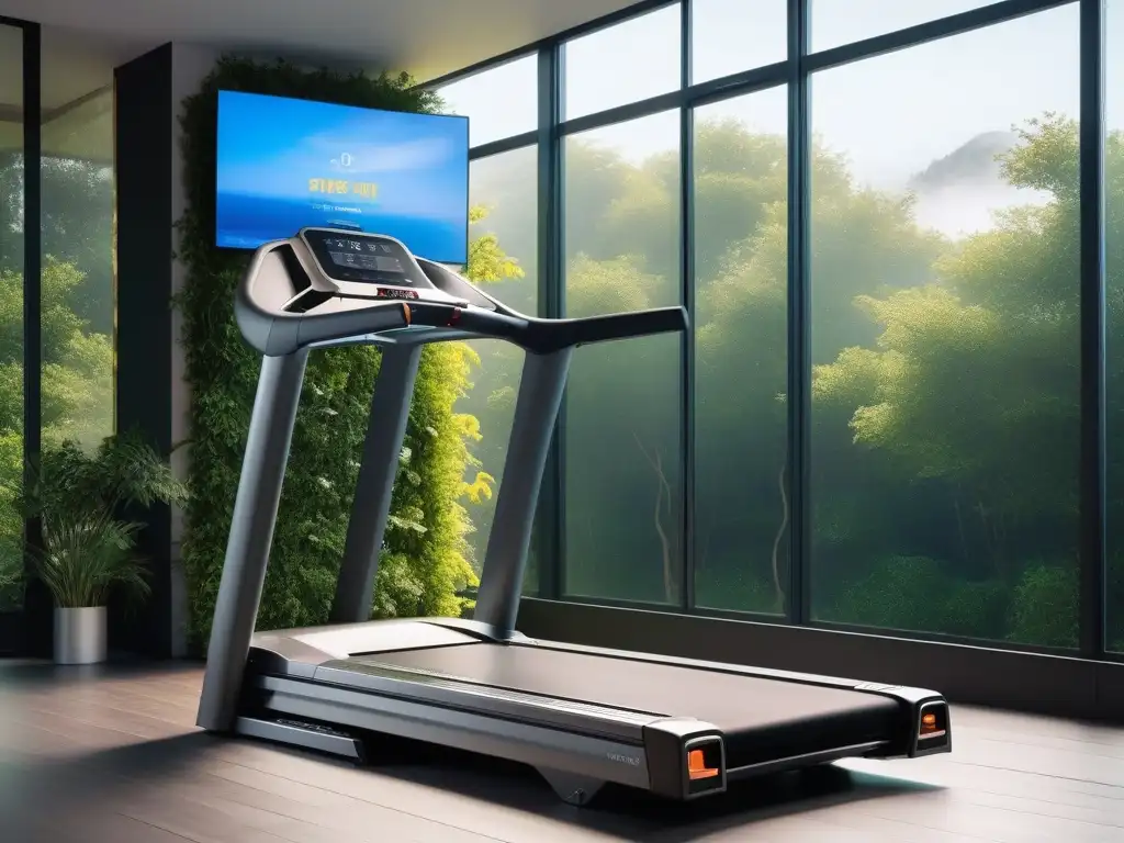 Treadmill de lujo futurista en hogar espacioso Un moderno y lujoso equipo de fitness cardio 2023 en un gimnasio casero espacioso y luminoso, rodeado de vegetación vibrante