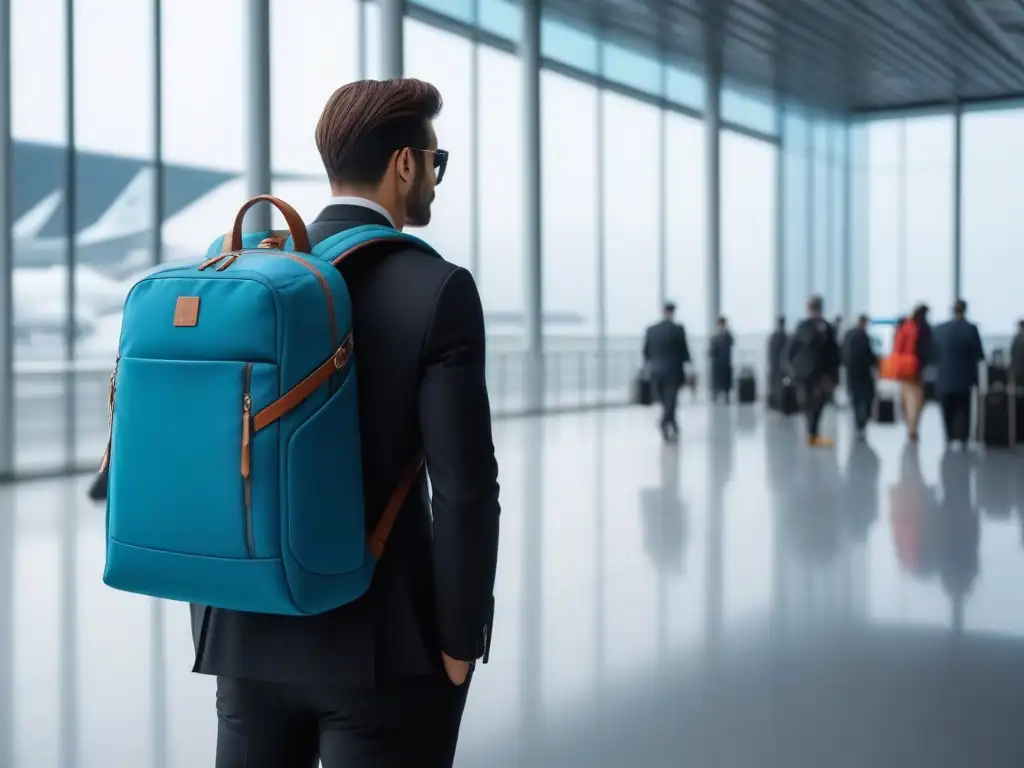 Moderno backpack de viaje en aeropuerto futurista Un moderno morral de viaje con múltiples compartimentos, puerto de carga USB y diseño elegante en un bullicioso aeropuerto