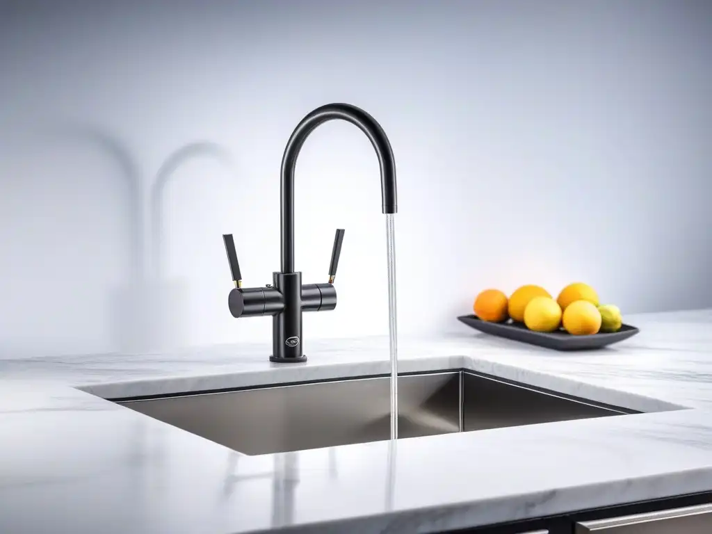 Purificador de agua de lujo en acero inoxidable para cocina elegante Moderno sistema de filtrado de agua para hogares en acero inoxidable en una lujosa cocina con encimeras de mármol y grifo cromado