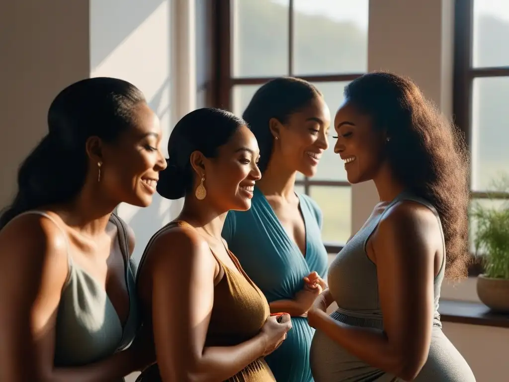Maternidad radiante: mujeres embarazadas de diferentes etnias aplicando aceites naturales con amor y cuidado Un momento de cuidado y diversidad: mujeres embarazadas aplicando aceites naturales en sus vientres, con la luz del sol iluminando sus rostros