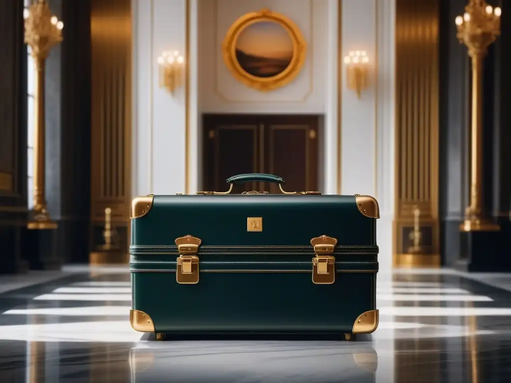 Maleta de lujo personalizada con iniciales doradas en elegante diseño Monograma en equipaje de lujo: Maleta moderna con monograma dorado, elegante y personalizado, en un ambiente sofisticado