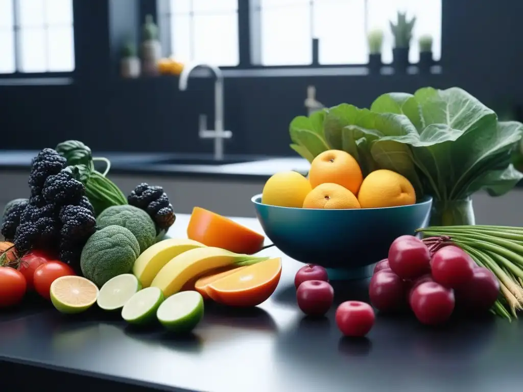 Encantador mostrador de cocina con frutas y verduras ricas en hierro, zinc y selenio Un mostrador de cocina moderno con frutas y verduras coloridas, destacando la importancia de los micronutrientes en la dieta fitness