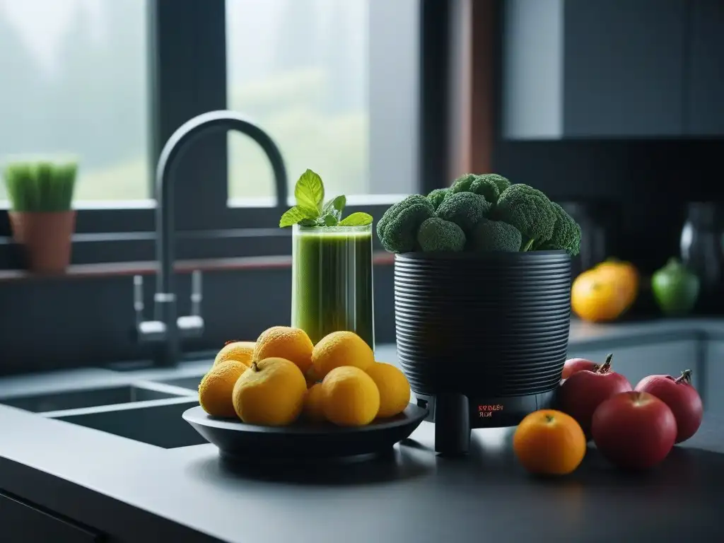 Encantadora cocina con frutas y verduras en arcoíris y batido verde Un mostrador de cocina sereno y moderno lleno de frutas y verduras coloridas, dispuestas en un arcoíris