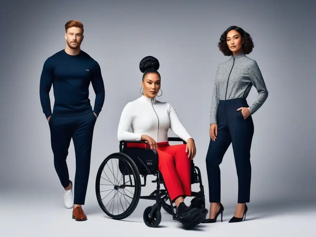 Moda adaptativa: estilos únicos que potencian la diversidad Una muestra detallada de moda adaptada para personas con discapacidad, combinando comodidad y estilo en un entorno minimalista y moderno