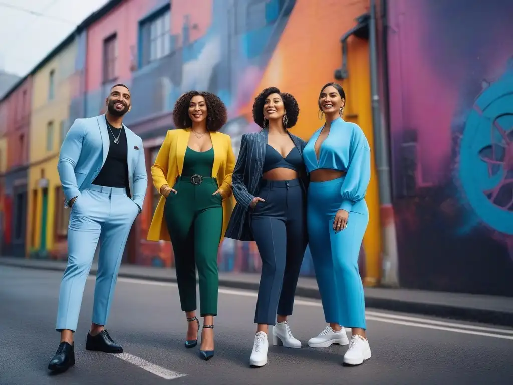 Moda adaptativa veraniega: diversidad en la ciudad Una muestra de moda adaptativa verano tallas especiales: modelos diversos posando felices en ropa trendy y moderna, en un entorno urbano vibrante con murales coloridos