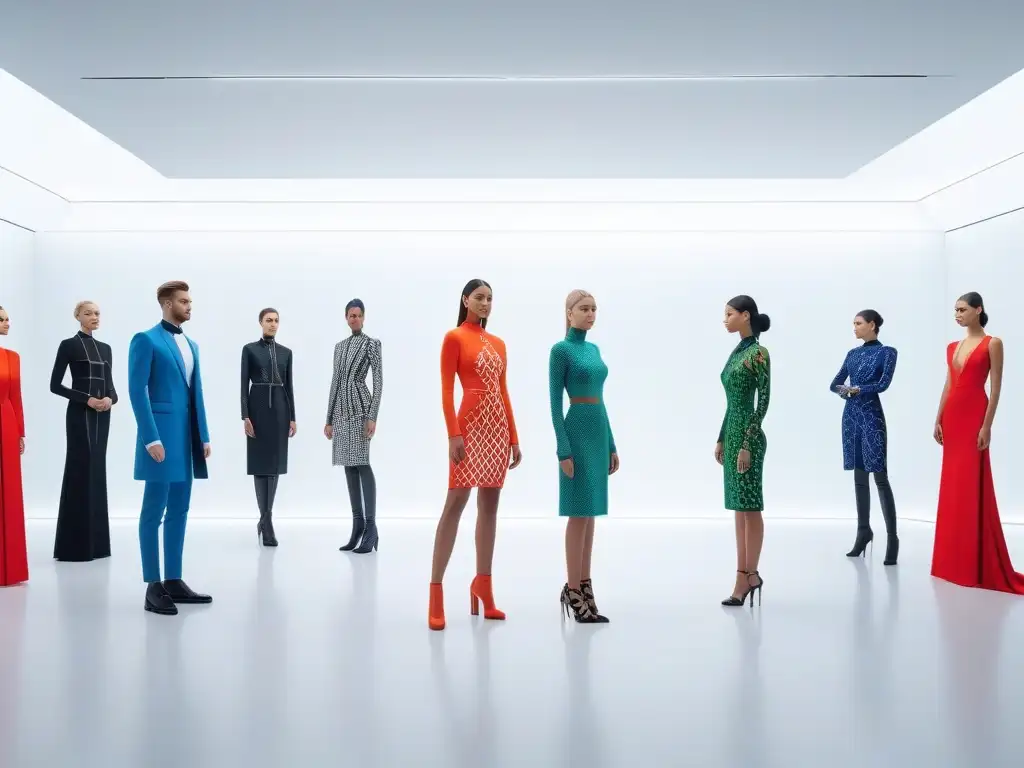 Moda personalizada en 3D: diversidad y tecnología futurista Una muestra 8k de moda inclusiva en showroom futurista con prendas personalizadas y tecnología 3D