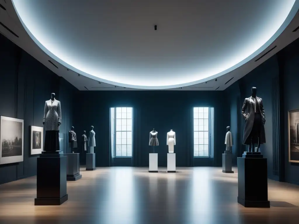 Explorando la moda vanguardista en un museo futurista Una muestra de moda vanguardia en un museo futurista, exhibiendo innovación en diseños con iluminación etérea y visitantes fascinados