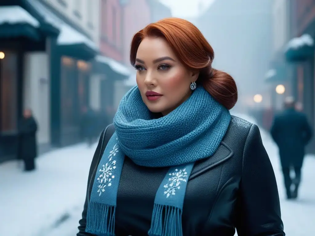 Moda invernal: mujer plus size pasea con estilo en la nieve Una mujer plus size con abrigo de invierno pasea con confianza por una calle nevada de la ciudad