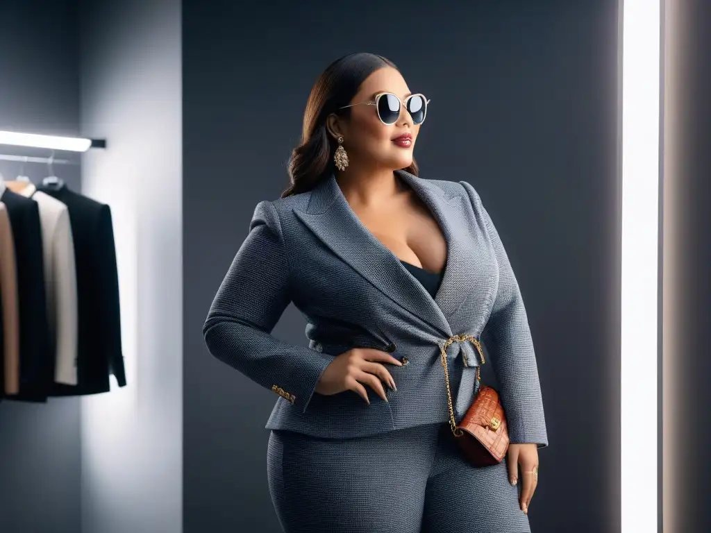 Estilo plus size: mujer segura y elegante en el espejo Una mujer plus size combinando accesorios con estilo en su outfit frente al espejo