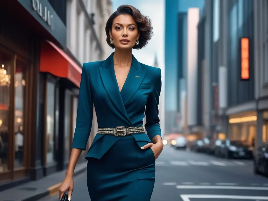 Estilo y confianza: mujer alta deslumbrante en la ciudad Una mujer alta deslumbrante camina con confianza por una bulliciosa calle de la ciudad, luciendo un elegante conjunto moderno que resalta su estatura