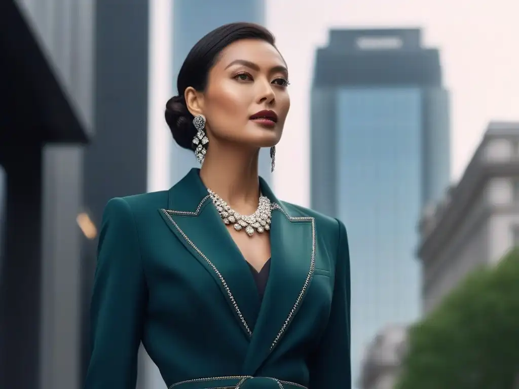 Estilosa mujer alta con joyas impactantes en entorno urbano Una mujer alta y elegante con accesorios ideales para estatura alta, destacando su confianza y estilo en un entorno urbano sofisticado