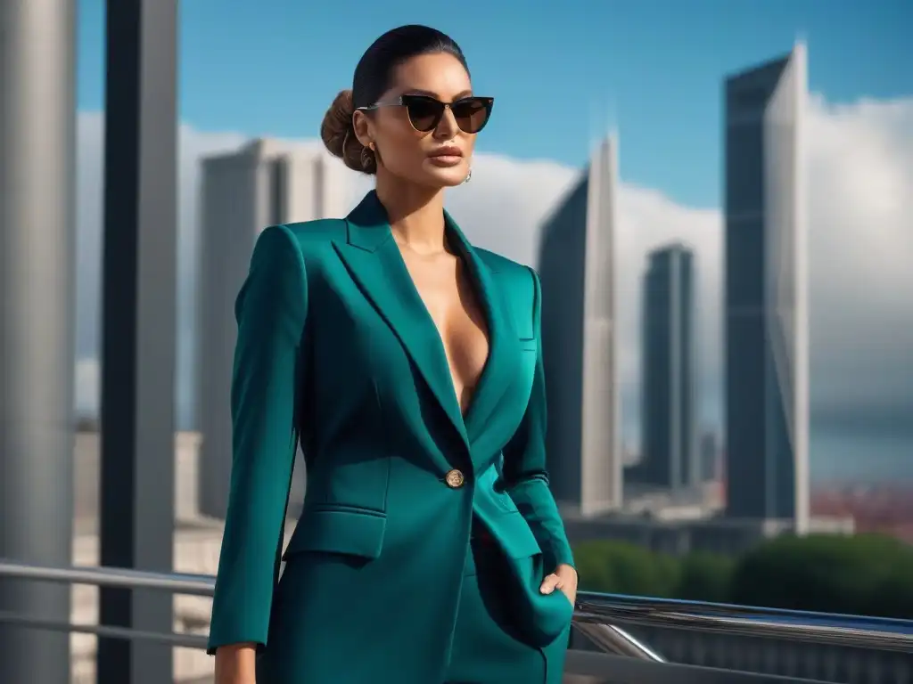 Elegancia urbana: Mujer alta con estilo y confianza Mujer alta y elegante con accesorios ideales para estatura alta en una ciudad moderna