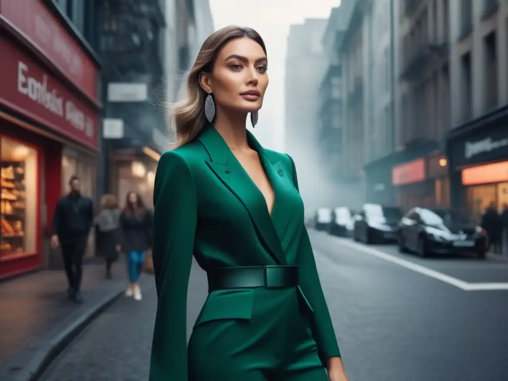 Moda sostenible para mujeres altas: elegancia urbana Una mujer alta y elegante viste un atuendo sostenible, destacando la moda para altas