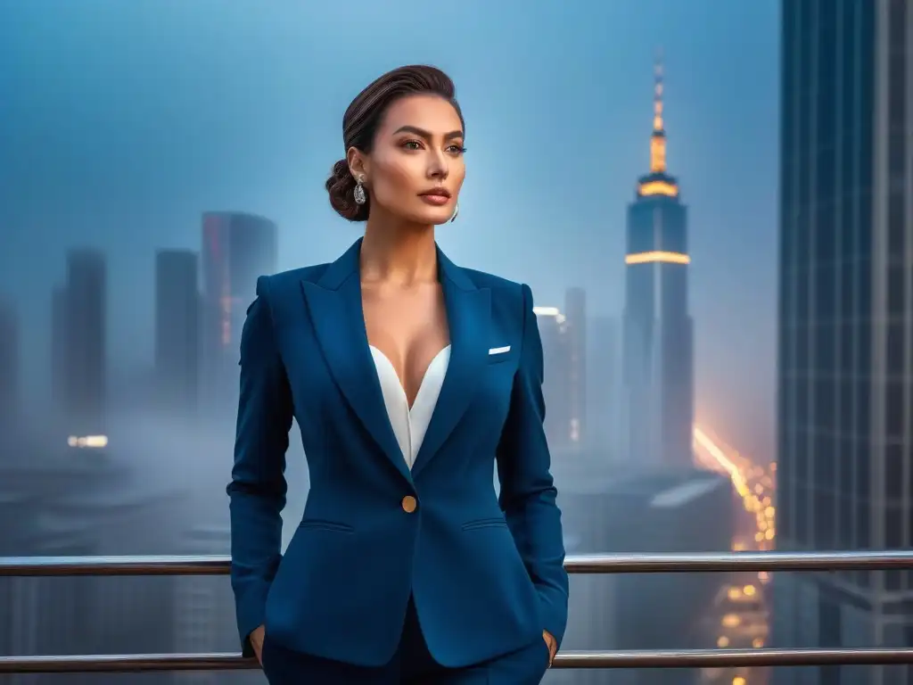 Empoderamiento y estilo para mujeres altas: traje a medida en la ciudad Una mujer alta y elegante destaca en la ciudad, llevando un traje a medida que celebra la diversidad corporal y la moda tall