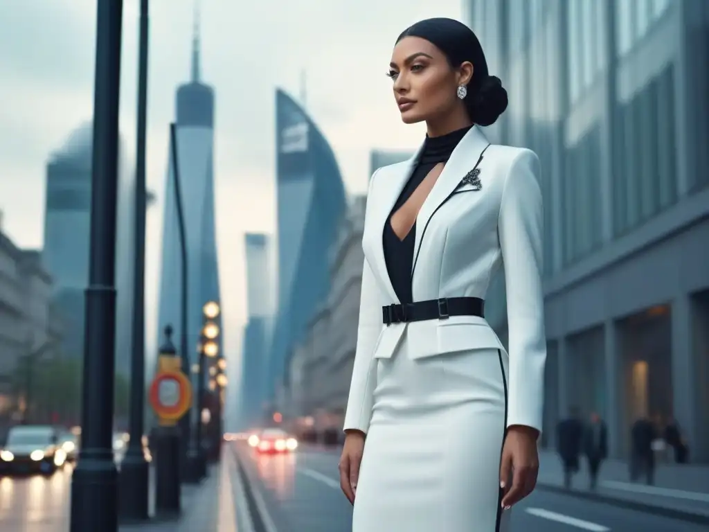 Alta elegancia urbana: mujer segura y sofisticada en la ciudad Una mujer alta y elegante en la ciudad, viste un conjunto monocromático chic