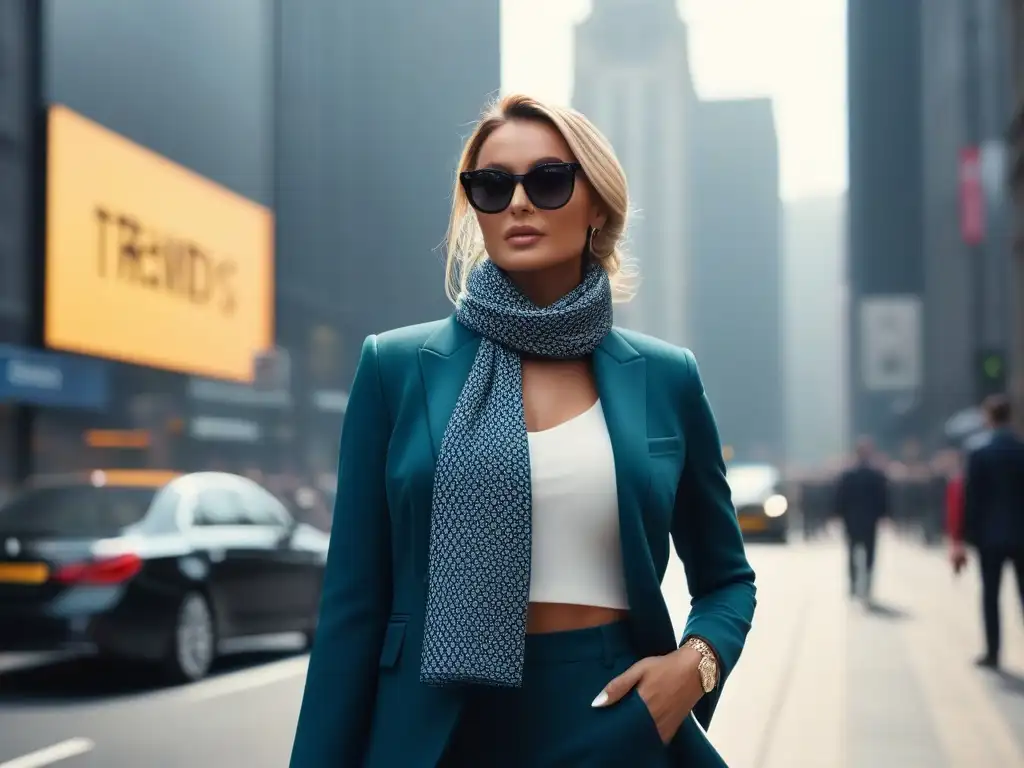 Moda urbana: mujer alta y segura con estilo en la ciudad Una mujer alta y elegante en la ciudad, vistiendo en capas con blazer, top y pantalones, luciendo accesorios modernos