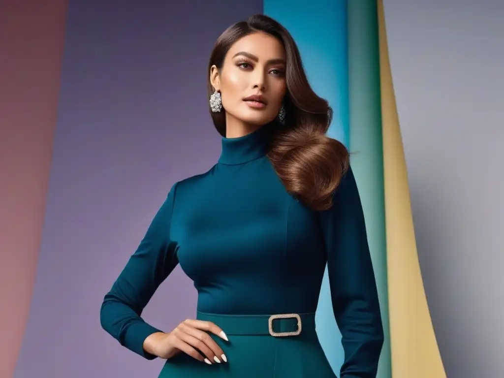 Empoderamiento y estilo: mujer alta elige colores en paleta de moda Una mujer alta y elegante elige colores favorecedores de moda frente a una paleta de colores