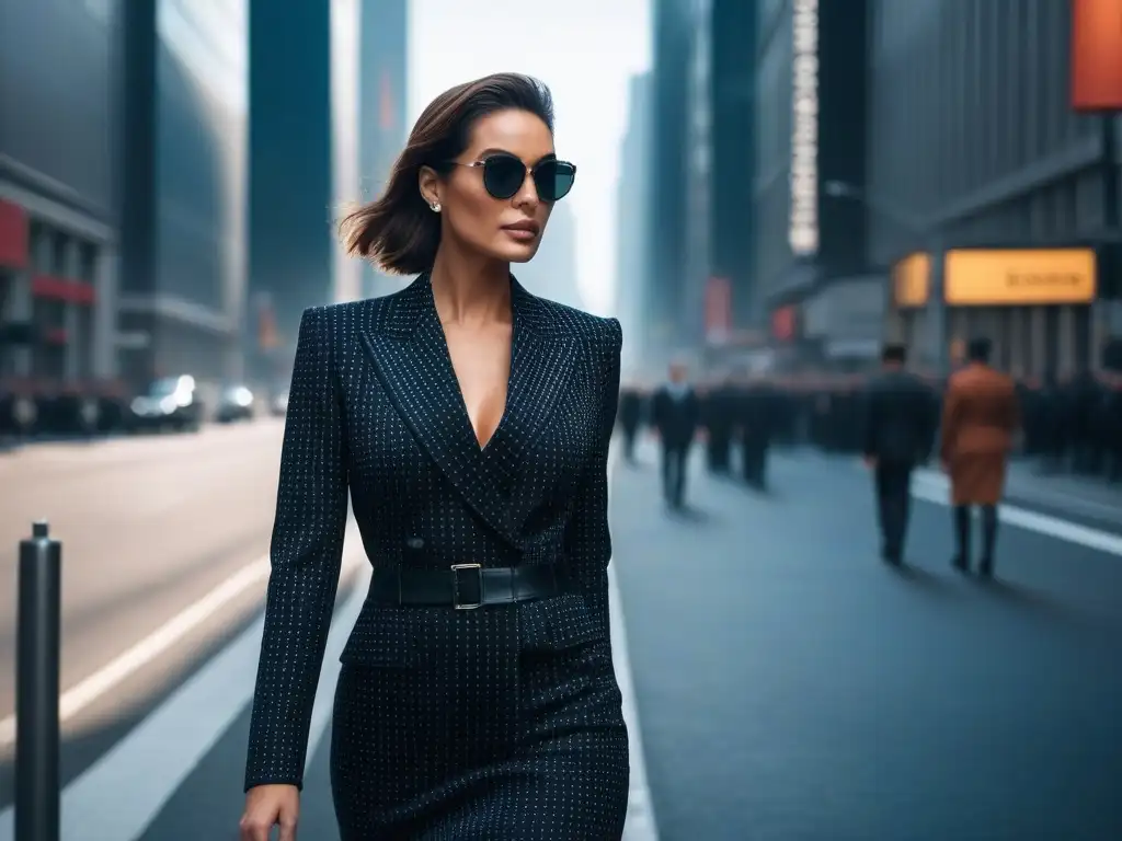 Estilo urbano: mujer elegante y segura de sí misma caminando por la ciudad Una mujer alta y elegante camina confiada por la ciudad con un atuendo monocromático que realza su silueta