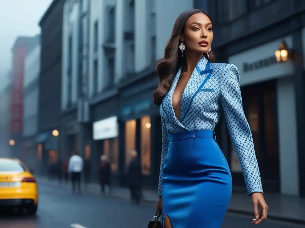 Elegante mujer alta paseando con confianza en la ciudad Una mujer alta y elegante camina con confianza por la ciudad luciendo un atuendo chic con estampados coordinados, en un escenario urbano vibrante