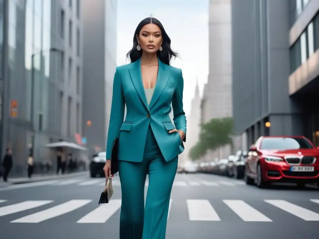 Alta elegancia urbana: mujer segura en outfit chic y moderno Una mujer alta y elegante camina con confianza por la ciudad, luciendo un outfit equilibrado y chic que realza su estatura
