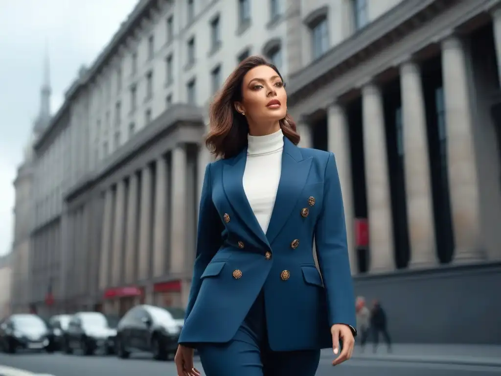 Elegante mujer urbana: estilo trendy y clásico en la ciudad Mujer alta y elegante caminando con confianza por la ciudad, luciendo un conjunto equilibrado que combina piezas de moda y clásicos atemporales