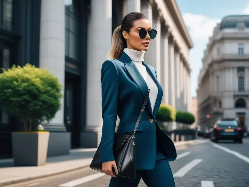 Estilo urbano: mujer alta y elegante inspira confianza en la ciudad Una mujer alta y elegante camina con confianza por la ciudad, luciendo un conjunto monocromático chic