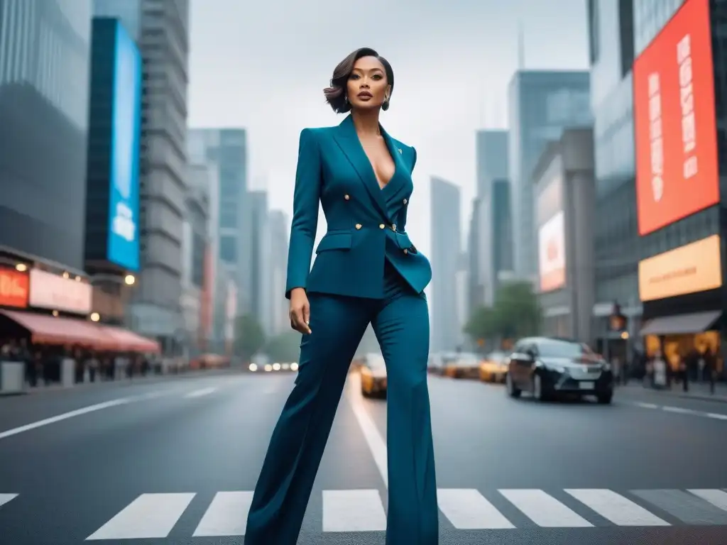Estilo urbano: mujer alta y elegante en traje de pantalón Una mujer alta y elegante caminando con confianza por la calle en un traje impecable, evitando errores de vestir tall size