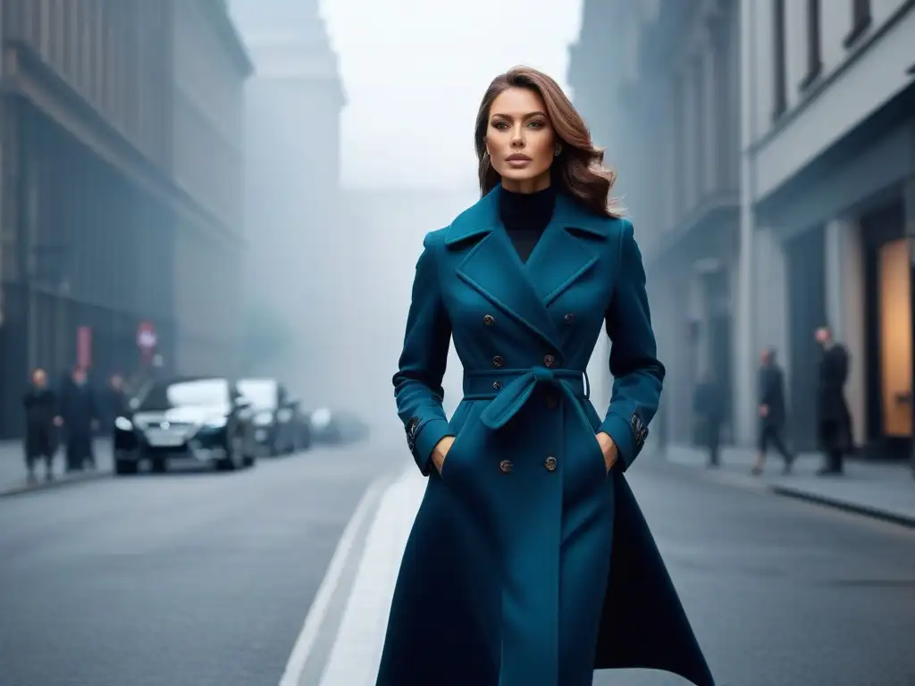 Alta y segura: mujer elegante en la ciudad con abrigo a medida Una mujer alta y elegante camina con confianza por la ciudad luciendo un abrigo a medida